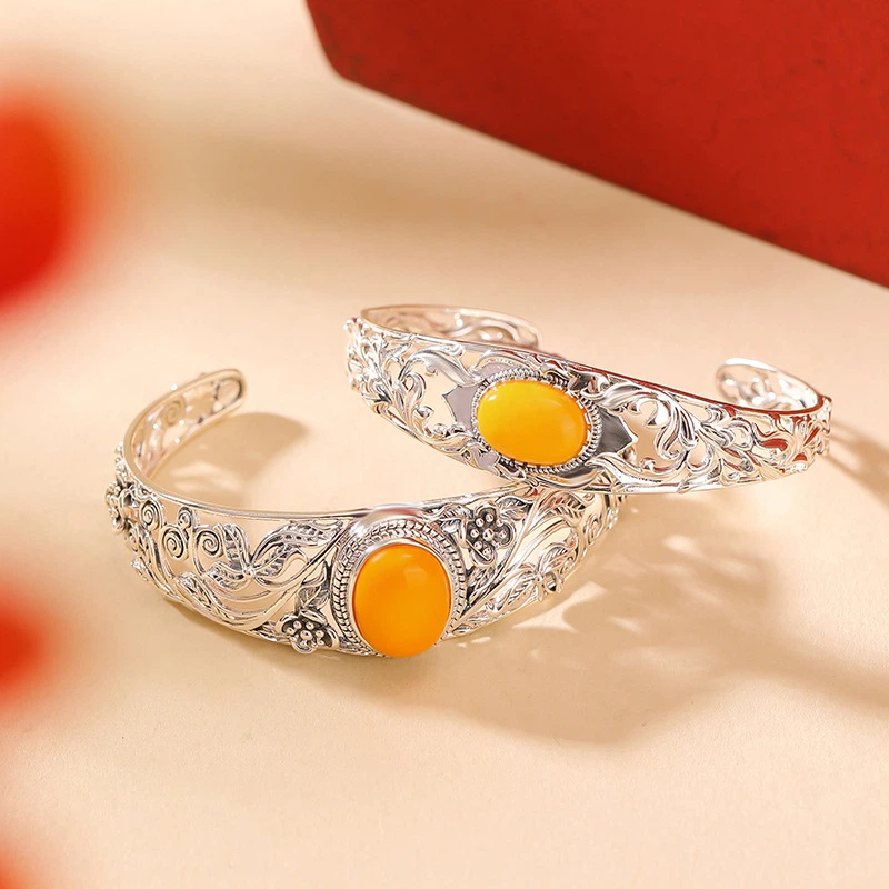 TerraDharma "Positivity Infusion & Abundance Attraction" Amber Silver Bracelet with Scroll / Pomegranate Patterns