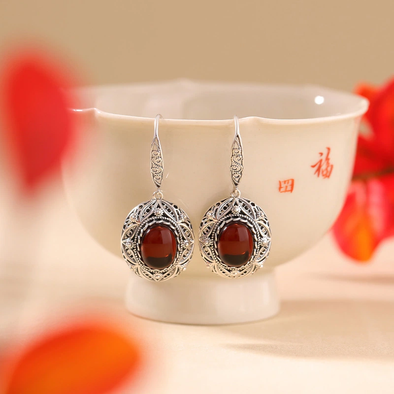 Blood Amber with Retro and Hollowed-out Designed Little Daisy Ring & Earrings (Two-piece Set, Sterling Silver)