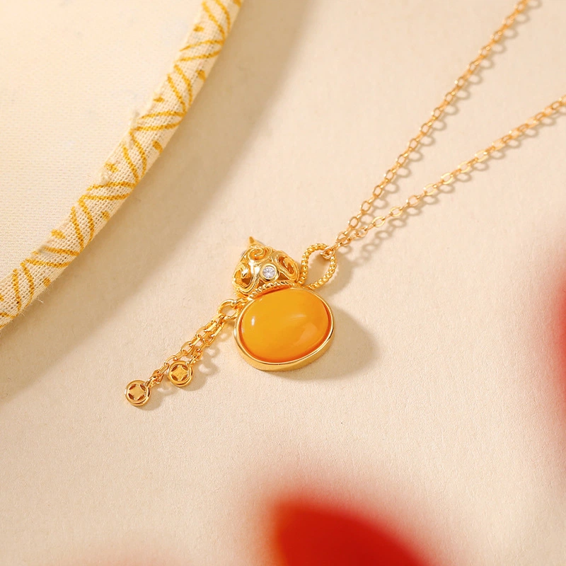 TerraDharma "Blessing Container & Fortune Gathering" Amber / Blood Amber of Gourd-shaped Pendant Nacklace with Tassel