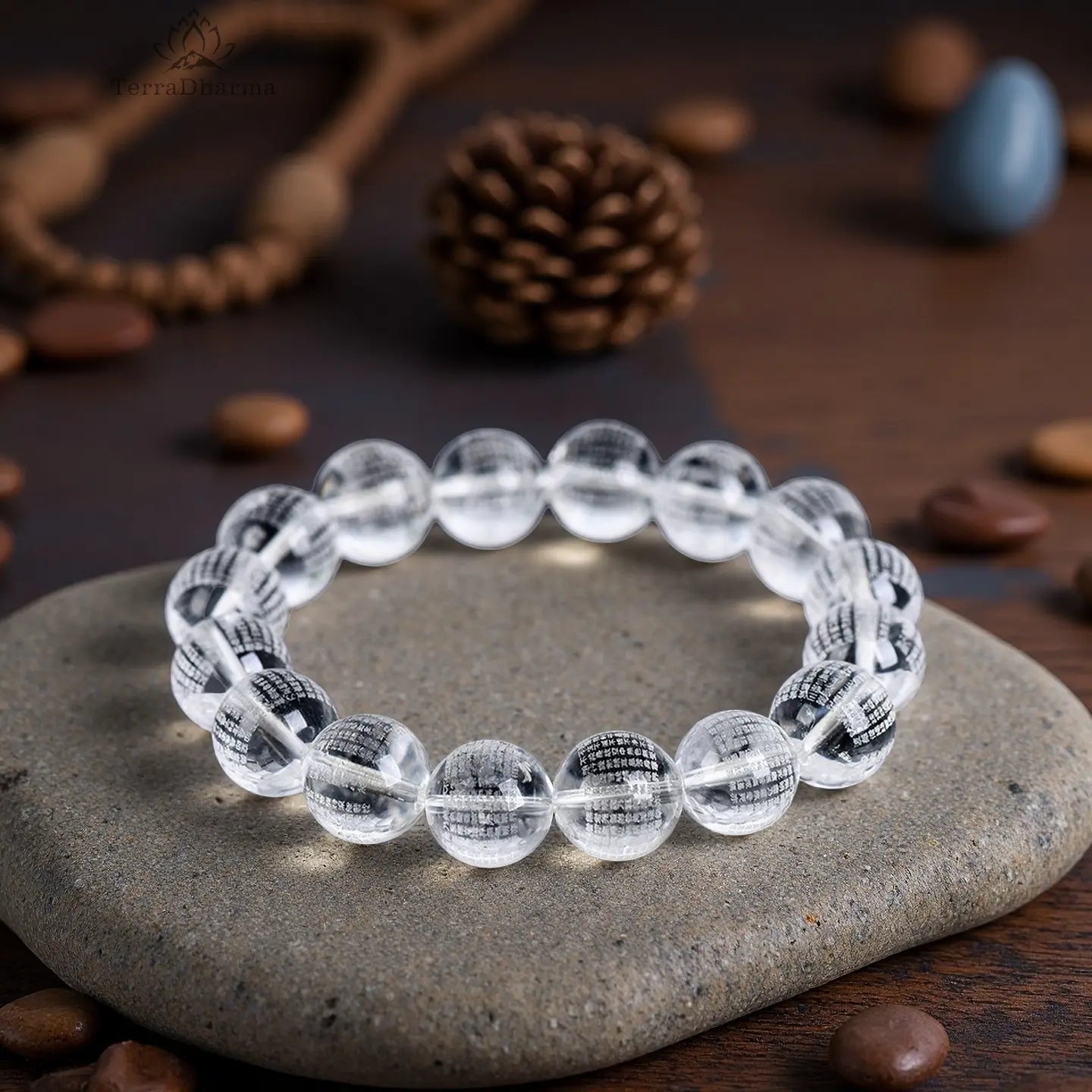 Natural white crystal Prajna Paramita Heart Sutra prayer beads bracelet - TerraDharma