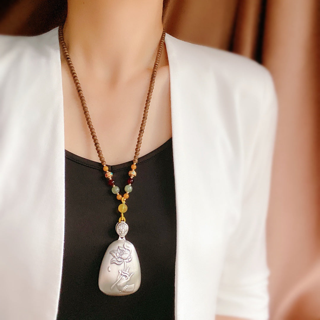 Agarwood Necklace with Sterling Silver Pendant (Matched with The Heart Sutra)
