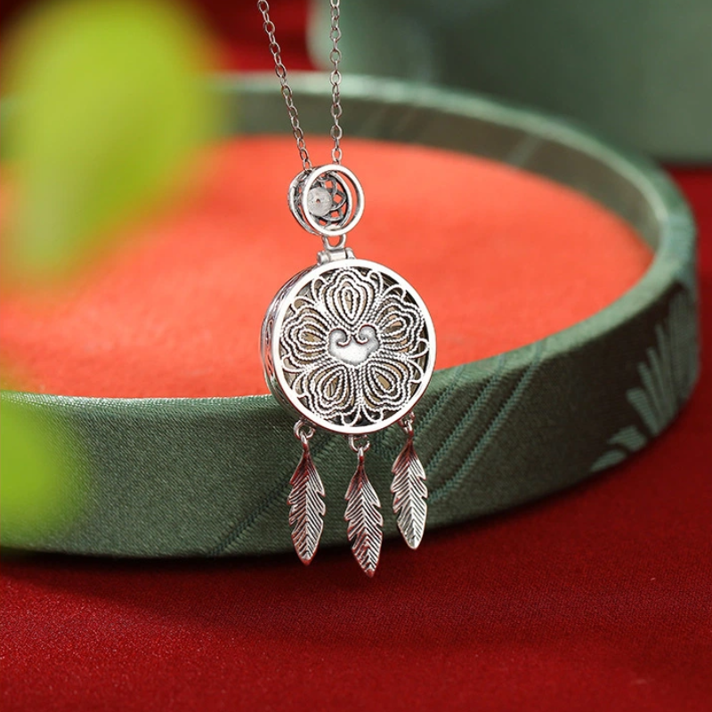 TerraDharma "Romantic Blessing & Sweet Fortune" South Red Agate & Hetian Jade Vintage Rose with Feather Tassel Pendant Nacklace