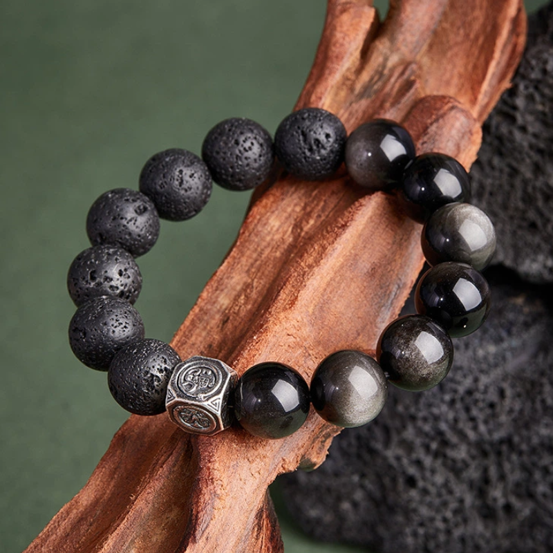 TerraDharma "Unshakable Luck & Spiritual Healing" Volcanic Stone & Silver Obsidian Beaded Bracelet