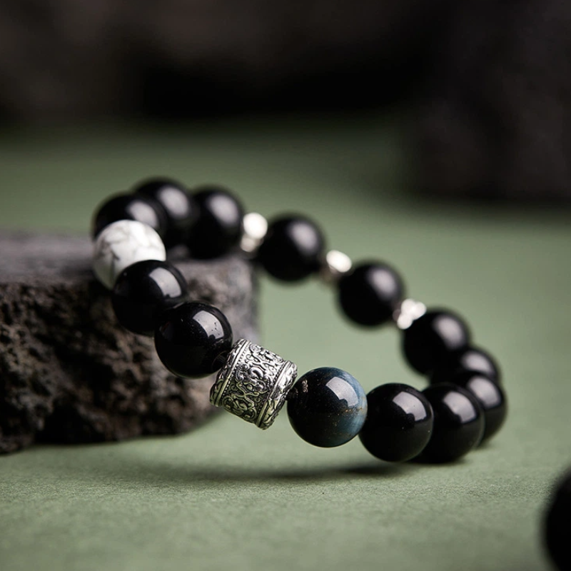 Obsidian & White Turquoise with Six Syllable Mantra Beaded Bracelet