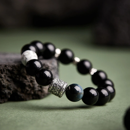 Obsidian & White Turquoise with Six Syllable Mantra Beaded Bracelet