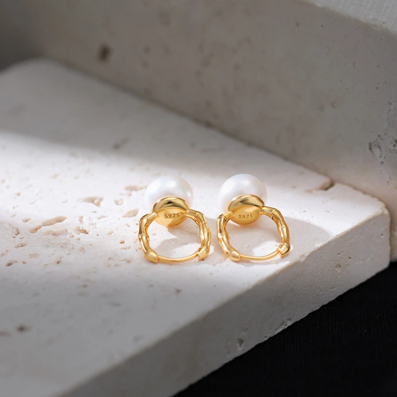 TerraDharma "Elegant Prosperity & Vitality Abundance" Freshwater Pearl & Gold - Plated Bamboo Hoop Earrings