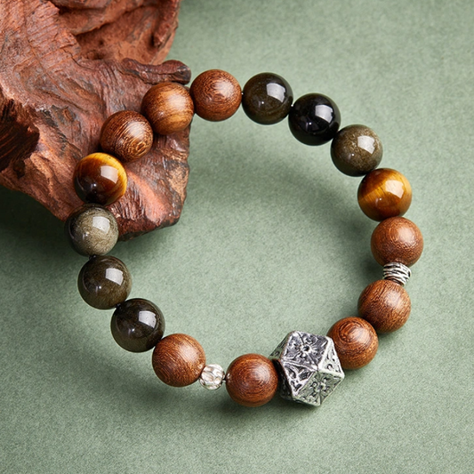 Golden Obsidian & Sandalwood & Yellow Tiger‘s Eye Beaded Bracelet