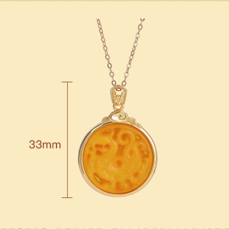 TerraDharma "Divine Prosperity & Wealth-Attracting Blessing" Amber of Auspicious Dragon with Six-Syllable Mantra Pendant Nacklace