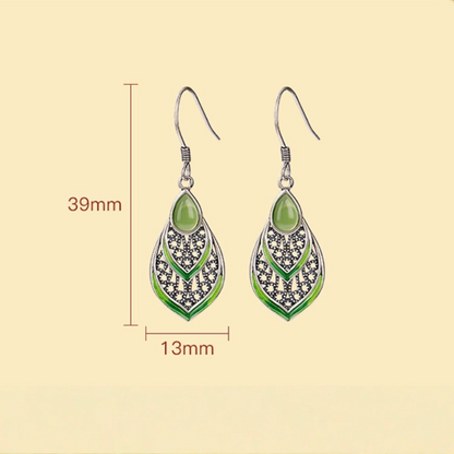 Waterdrop-shaped Hetian Jade & Hollowed-out Cloisonné Leaf Silver Earrings