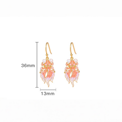 Freshwater Pearl with Pink Enamel Koi Earrings