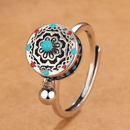 Cloisonné Enamel Lotus Prayer Wheel Ring (Size-adjustable)