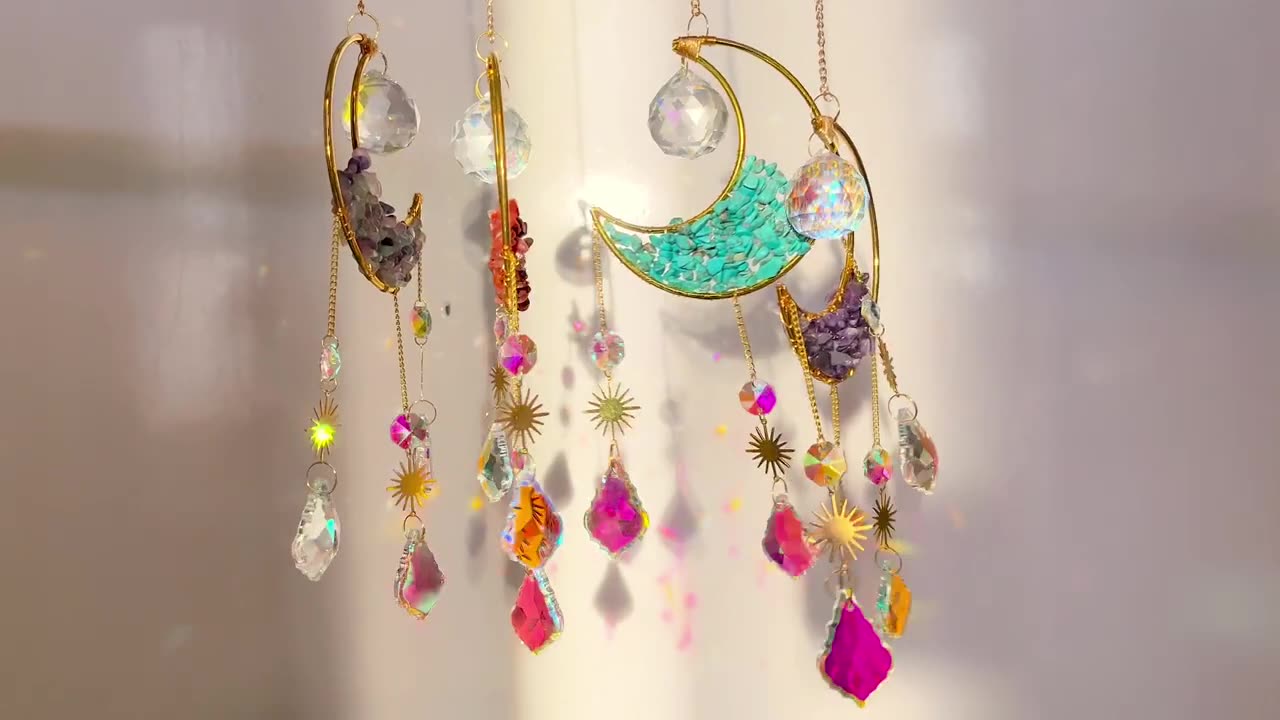 Crystal Half Moon Suncatcher Sun and moon Sun Catcher Perfect Gift Gemstone Window Decor Rainbow Maker Home Decor Hanging Art Boho Handmade - TerraDharma