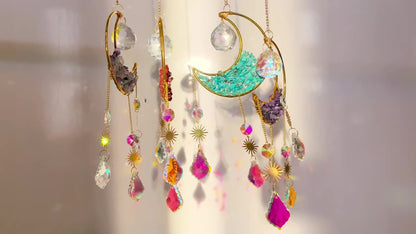 Crystal Half Moon Suncatcher Sun and moon Sun Catcher Perfect Gift Gemstone Window Decor Rainbow Maker Home Decor Hanging Art Boho Handmade - TerraDharma
