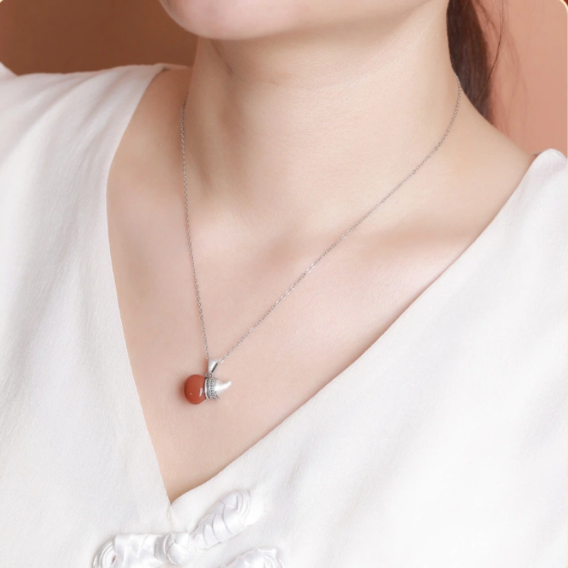 TerraDharma "Wealth-Grasping Luck & Peaceful Harmony" South Red Agate Gourd-shaped Pendant Nacklace (with Fu Pattern)