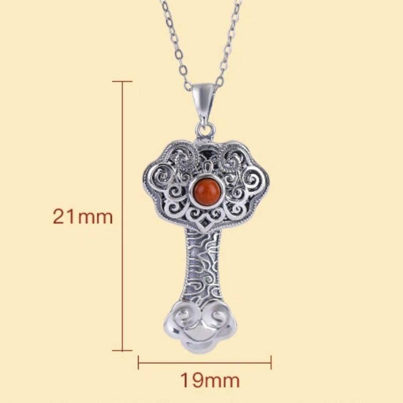 South Red Agate Hollowed-out Carved Pendant Nacklace in the Shape of a Ruyi (Treasure)