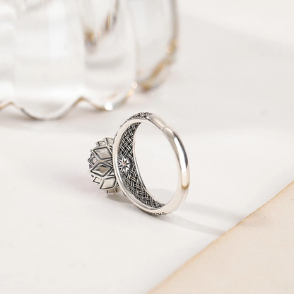Amethyst & Lotus - Engraved Silver Ring