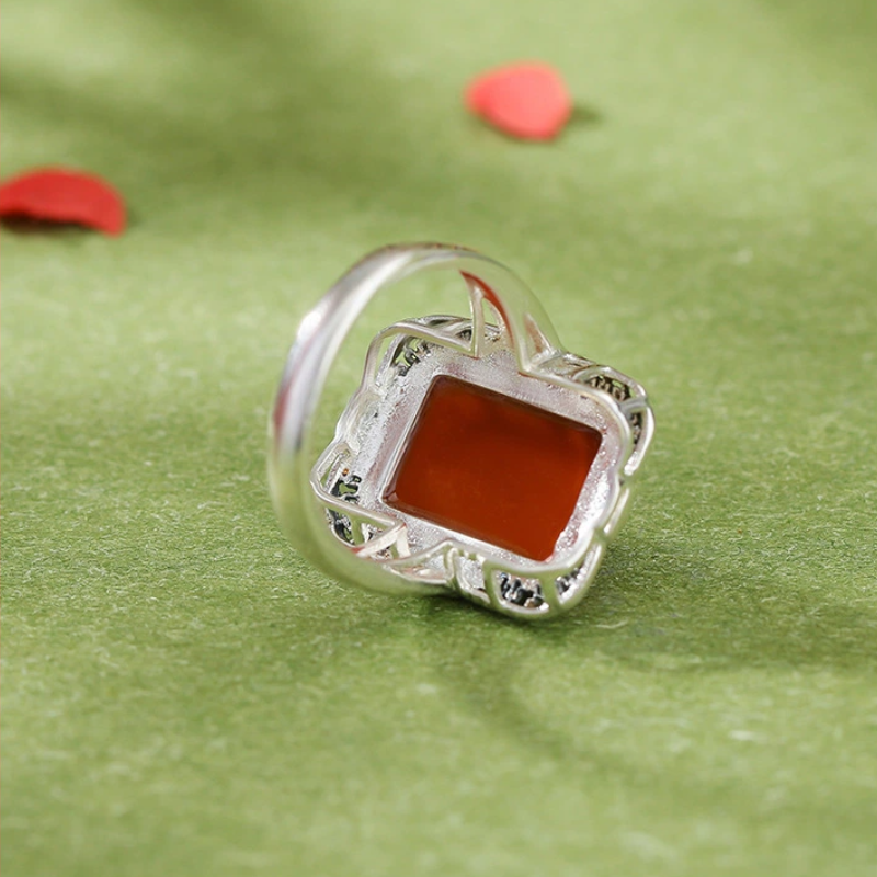 Natural South Red Agate Adjustable Open-Ring （with Auspicious Pattern Sterling Silver)
