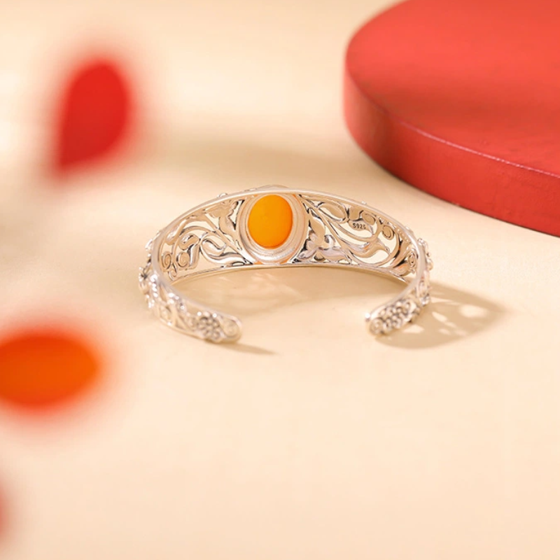 TerraDharma "Positivity Infusion & Abundance Attraction" Amber Silver Bracelet with Scroll / Pomegranate Patterns