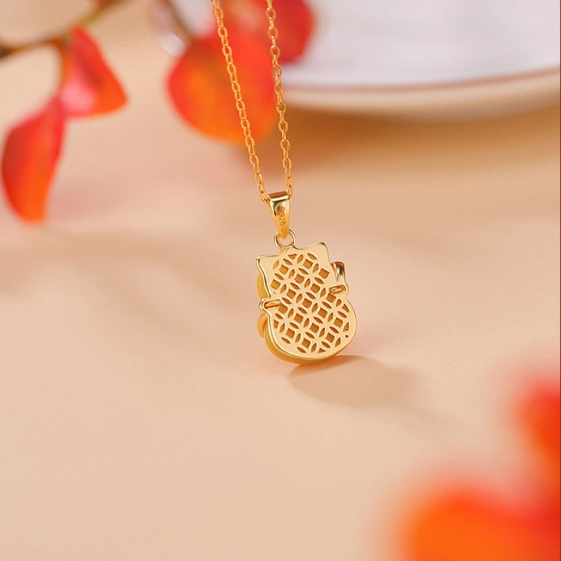Beeswax Pendant Nacklace of Beckoning Cat (with Gold-plated Sterling Silver Fu Character）