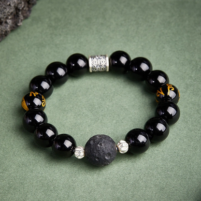 Obsidian & Six Syllable Mantra Black Agate Beaded Bracelet