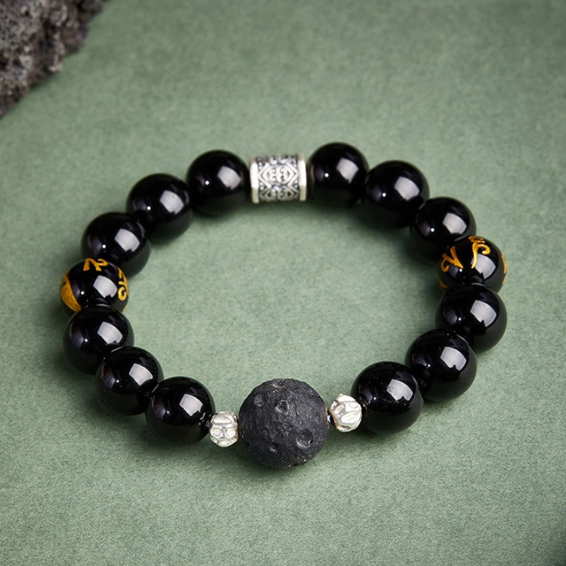 TerraDharma "Stability Blessing & Divine Protection" Obsidian & Six Syllable Mantra Black Agate Beaded Bracelet