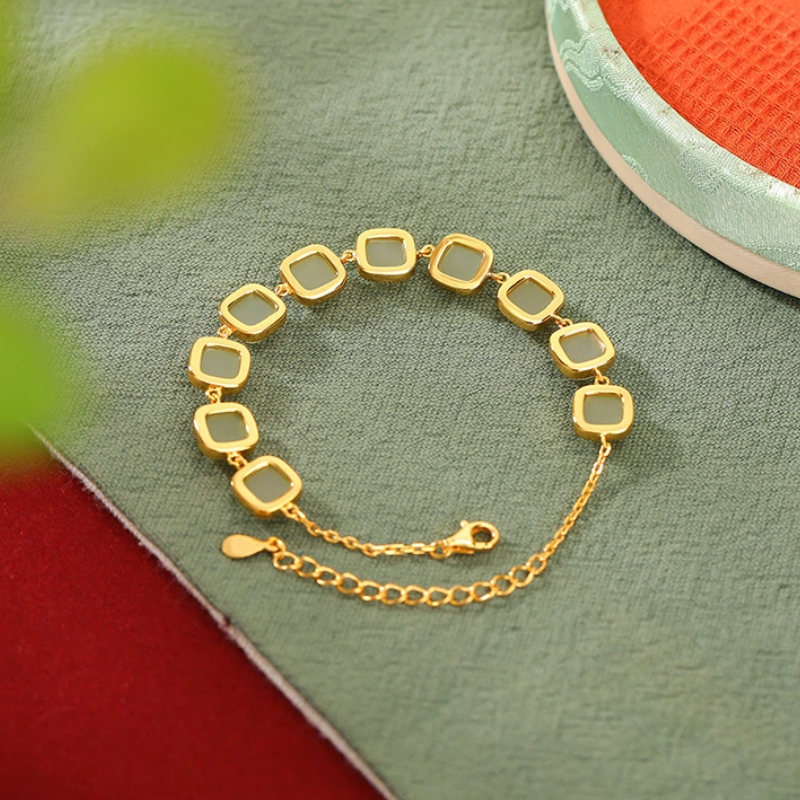 Natural Hetian Jade Geometric Square Bead Bracelet (with Gold-plated Silver)
