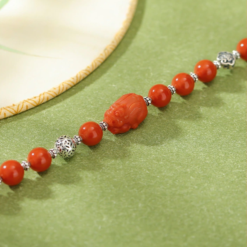 TerraDharma "Wealth-Attracting Blessing & Lucky Protection" South Red Agate & Pi Yao with Silver Charm Bracelet