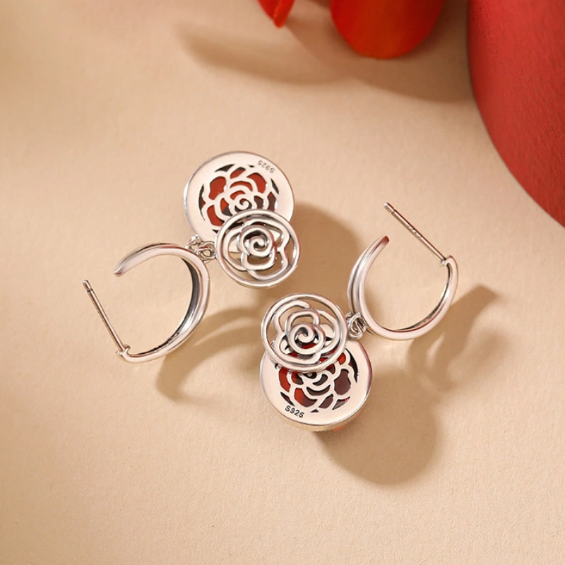 Blood Amber &amp; Hollow - Out Rose Silver Earrings