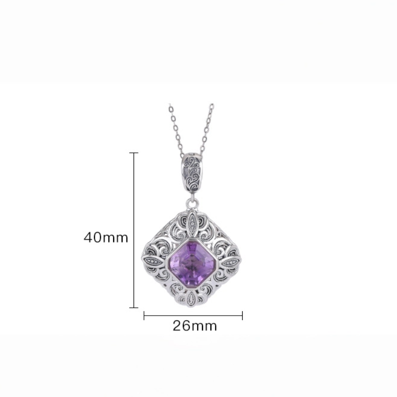 Amethyst & Scroll Pattern Rhombus Silver Pendant Nacklace