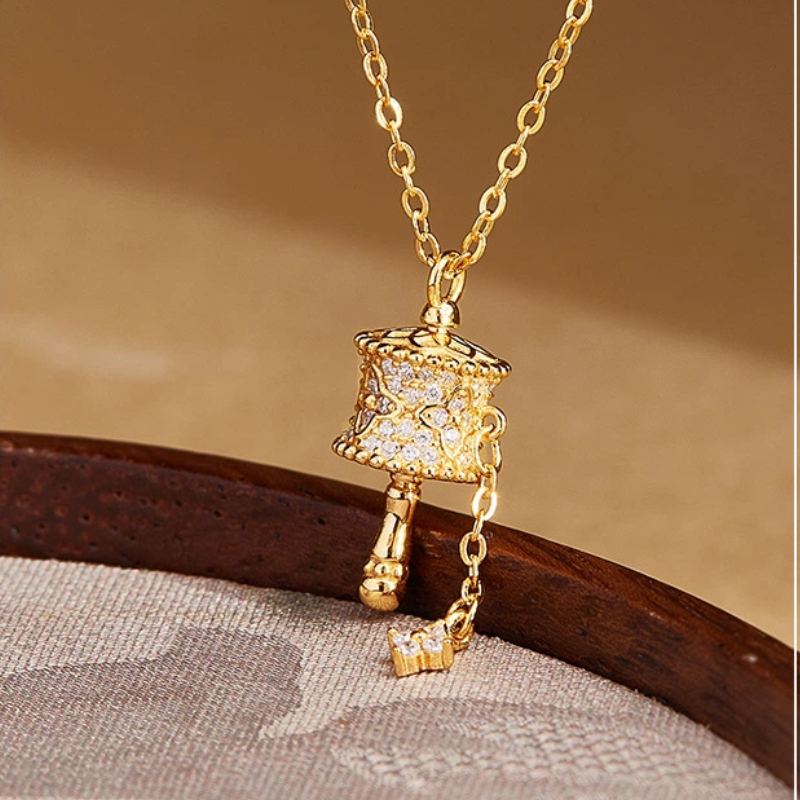 TerraDharma "Inner Peace & Grounded Fortune" Gold - Plated Sterling Silver Prayer Wheel Pendant Necklace