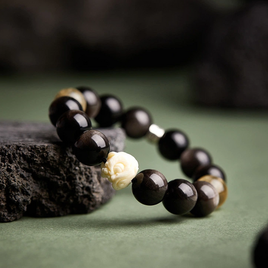 Ivory Nut of Awakening Lion & Lemon Quartz and Silver Obsidian Bracelet