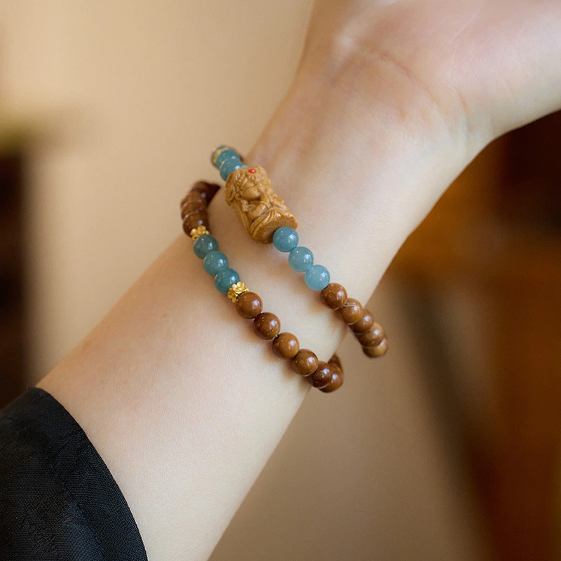 TerraDharma "Spirit Soothing & Divine Wealth Blessing" Natural Bodhi and Blue Water Jadeite Bracelet (with Zhaki Lamu Accessory）