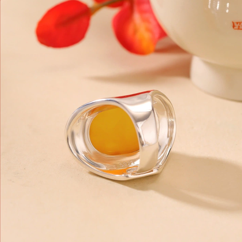 TerraDharma "Prosperity Abundance & Auspicious Protection" Egg-shaped Amber with Wheat Ears Pattern Silver Ring