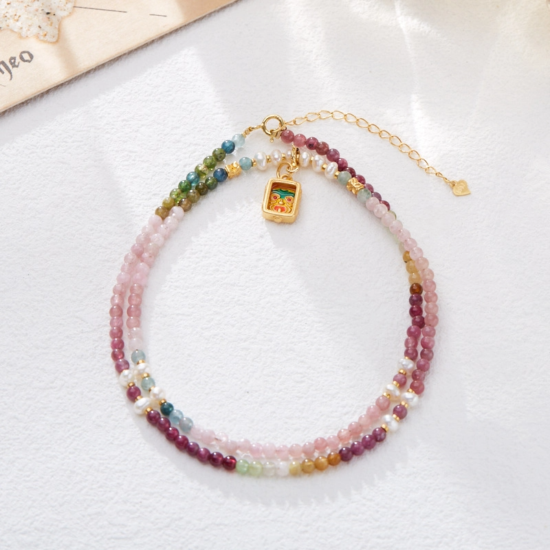 Natural Rainbow Tourmaline Necklace (with Zhaki Lamu Thangka & Freshwater Pearls)