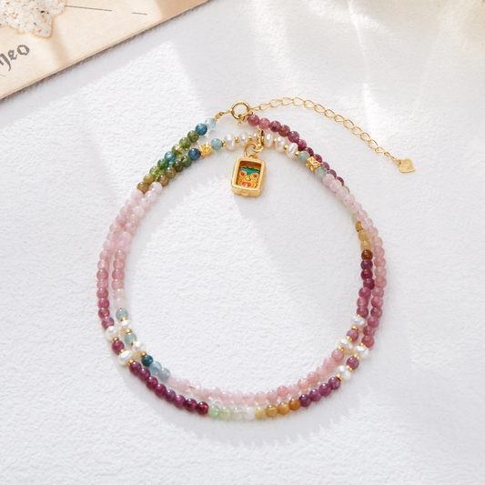 Natural Rainbow Tourmaline Necklace (with Zhaki Lamu Thangka & Freshwater Pearls)