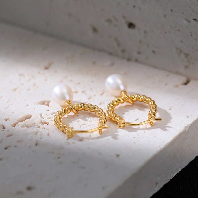 TerraDharma "Flowing Luck & Elegant Prosperity" Freshwater Pearl with Twisted Pattern Earrings