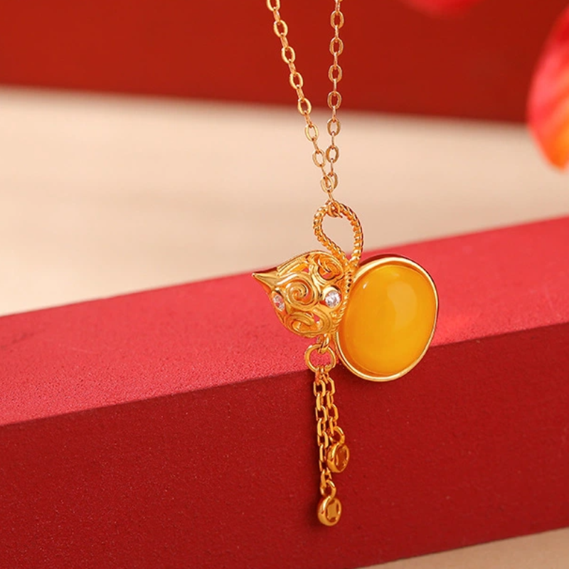 TerraDharma "Blessing Container & Fortune Gathering" Amber / Blood Amber of Gourd-shaped Pendant Nacklace with Tassel