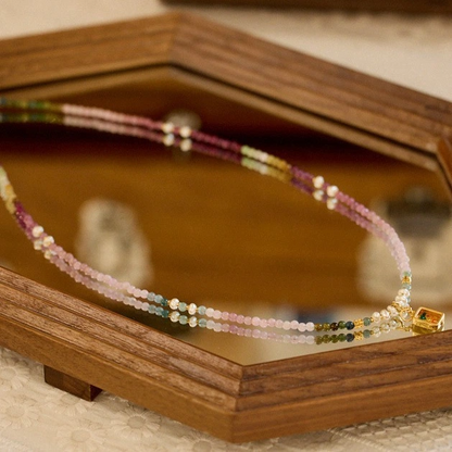Natural Rainbow Tourmaline Necklace (with Zhaki Lamu Thangka & Freshwater Pearls)