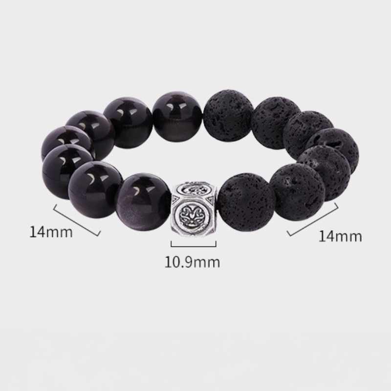 TerraDharma "Unshakable Luck & Spiritual Healing" Volcanic Stone & Silver Obsidian Beaded Bracelet