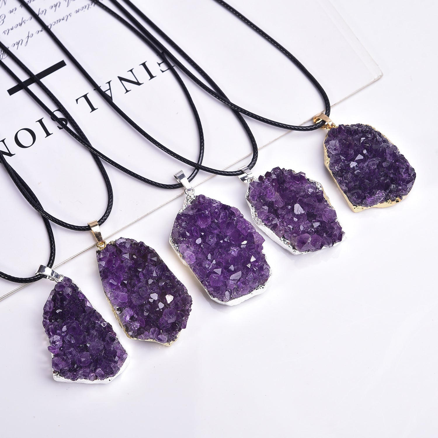 Terra Dharma Natural Raw Amethyst Pendant Necklace, Gold / Silver Amethyst Druzy Quartz, Natural Amethyst Crystal Cluster Pendant with Gold / Silver Plated - TerraDharma