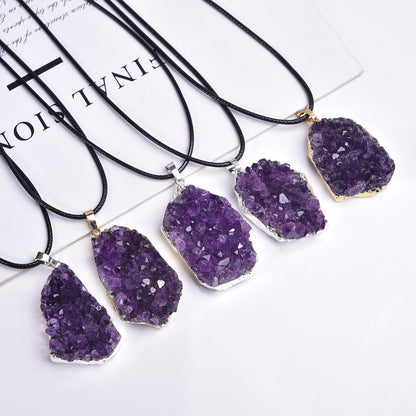 Terra Dharma Natural Raw Amethyst Pendant Necklace, Gold / Silver Amethyst Druzy Quartz, Natural Amethyst Crystal Cluster Pendant with Gold / Silver Plated - TerraDharma