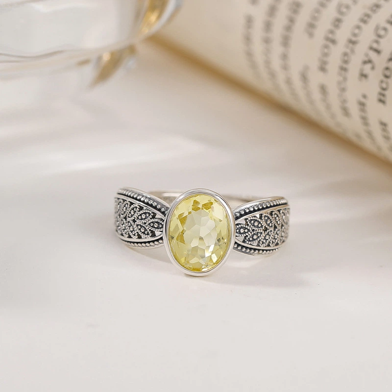 Citrine/Amethyst & Silver Wheat Ear Pattern Open Ring