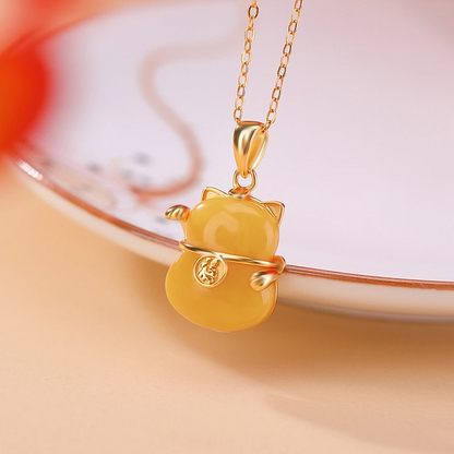 Beeswax Pendant Nacklace of Beckoning Cat (with Gold-plated Sterling Silver Fu Character）