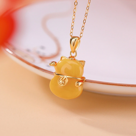 Beeswax Pendant Nacklace of Beckoning Cat (with Gold-plated Sterling Silver Fu Character）