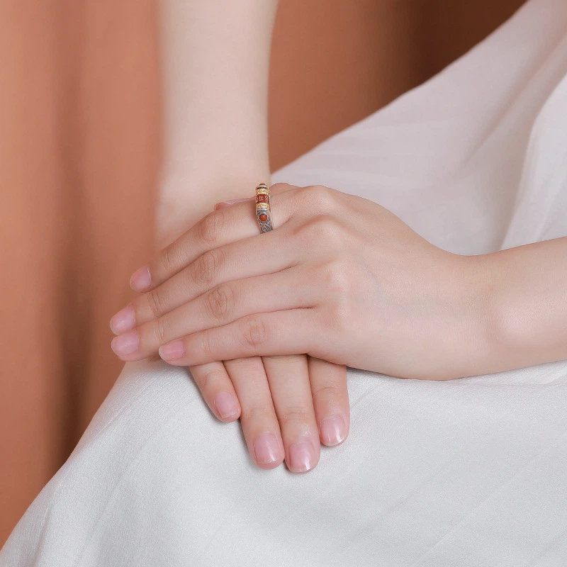 TerraDharma "Mantra Blessing & Divine Protection" South Red Agate & Six - Syllable Mantra Silver Open Ring