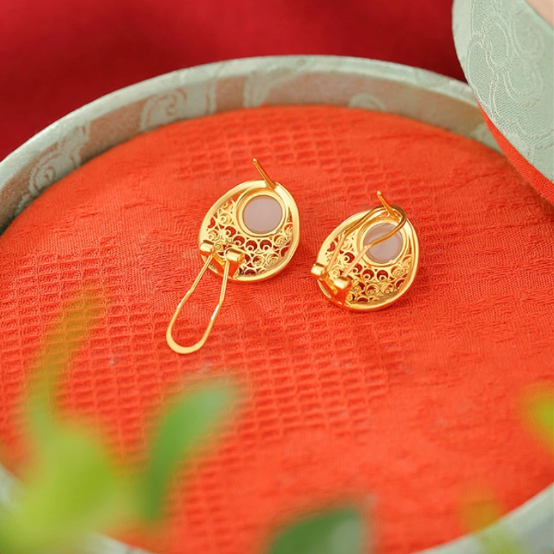 Pink Enamel with Hetian Jade Openwork Stud earrings with clip-on Function (Gold-plated Sterling Silver)
