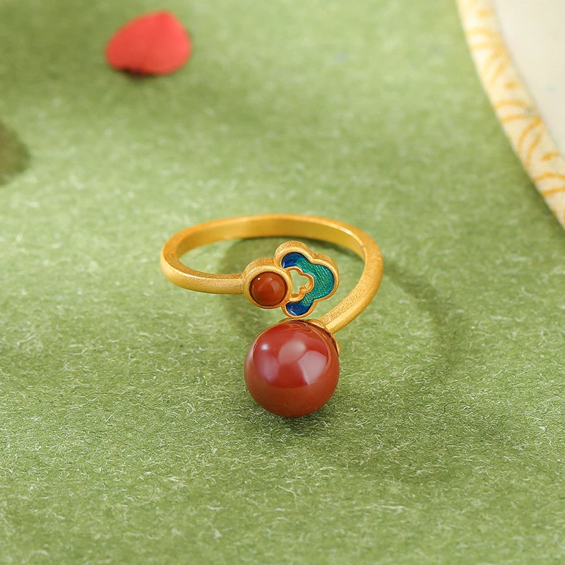 Imperial Cinnabar with Cloisonné Ruyi Pattern Silver Ring