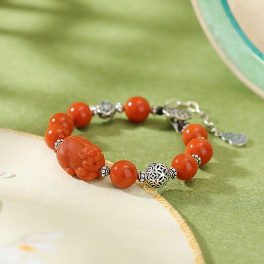 South Red Agate & Pi Yao with Silver Charm Bracelet