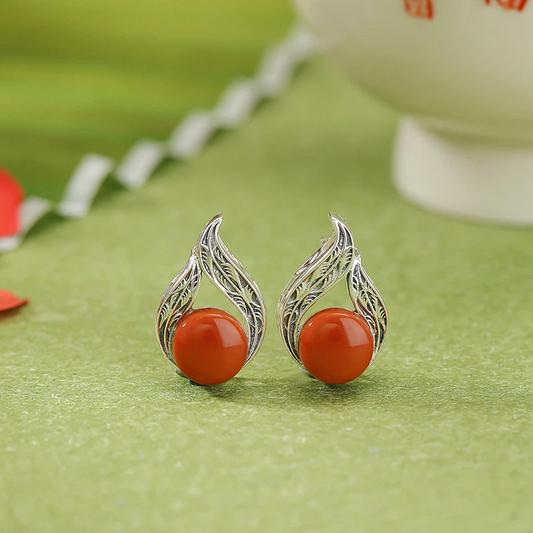 South Red Agate &amp; Scroll - Patterned Silver Stud Earrings