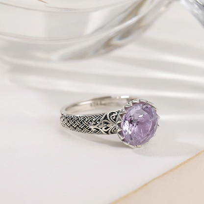 Amethyst & Lotus - Engraved Silver Ring